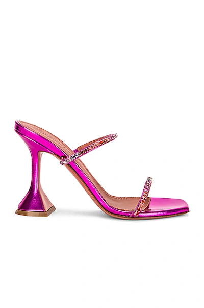 Amina Muaddi Gilda Embellished Holographic Leather Mules In Bright Pink