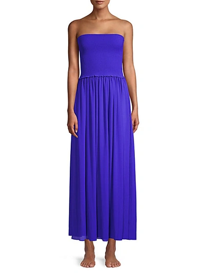 Ramy Brook Calista Smocked Strapless Side-split Coverup Dress In Periwinkle