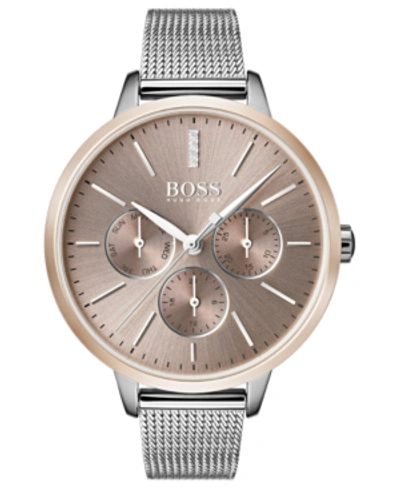 Hugo Boss Boss Women's Symphony Diamond-accent Stainless Steel Mesh Bracelet Watch 38mm In Silver