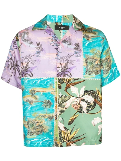 Amiri Hawaiian Patchwork Silk Bowling Shirt In Green