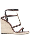 Saint Laurent Logo-embellished Leather Espadrille Wedge Sandals In Brown