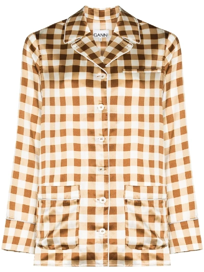 Ganni Checked Silk Pyjama Shirt In Brown