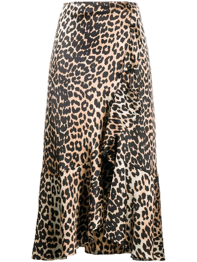 Ganni Leopard-print Stretch-silk Midi Skirt In Multicolor