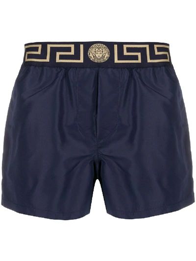 Versace Blue Swim Trunks With Greca And Medusa Head Print On Elastic Waistband In Nylon In Navy Blue