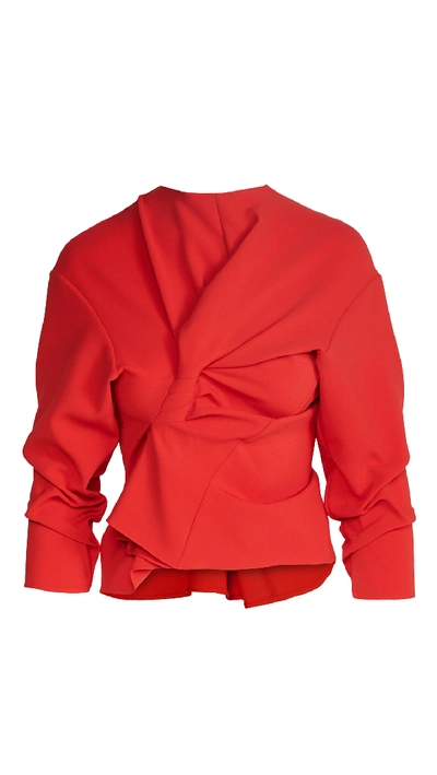 A.w.a.k.e. 3/4 Sleeve Asymmetric Drape Front Top In Red