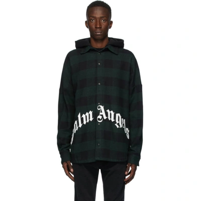 Palm Angels Buffalo Check Logo Hooded Overshirt In Green,black