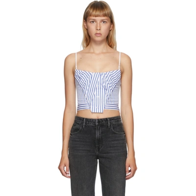 Alexander Wang Blue & White Stripe Tucked Bustier Tank Top In White/blue