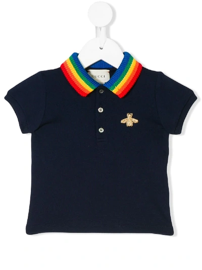 Gucci Baby Cotton Polo With Bee In Navy