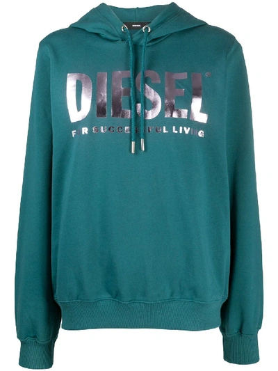 Diesel Metallic Logo Print Hoodie In Blue