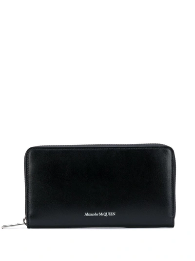 Alexander Mcqueen Logo Print Leather Zip Wallet In Black