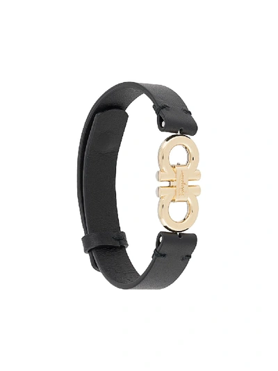 Ferragamo Double Gancini Leather Bracelet In Black