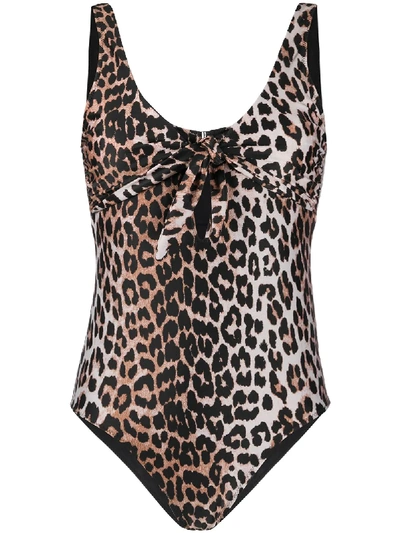 Ganni Leopard Print One Piece Swimsuit In Beige