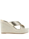 JIMMY CHOO DOVINA METALLIC STRAP WEDGE SANDALS