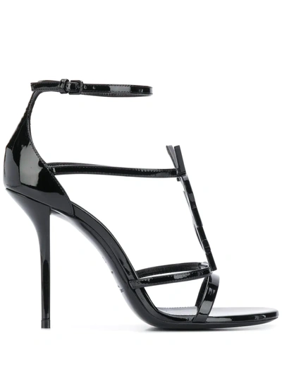 Saint Laurent Cassandra Logo-embellished Patent-leather Sandals In Black