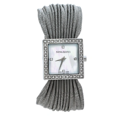 Pre-owned Nina Ricci White Mother Of Pearl Stainless Steel Diamonds N019.12 Women's Wristwatch 24 Mm In Silver