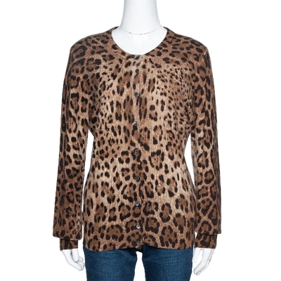 Pre-owned Dolce & Gabbana Brown Leopard Print Cashmere Cardigan L