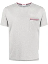 Thom Browne Tricolour-stripe Patch-pocket Cotton T-shirt In Grey