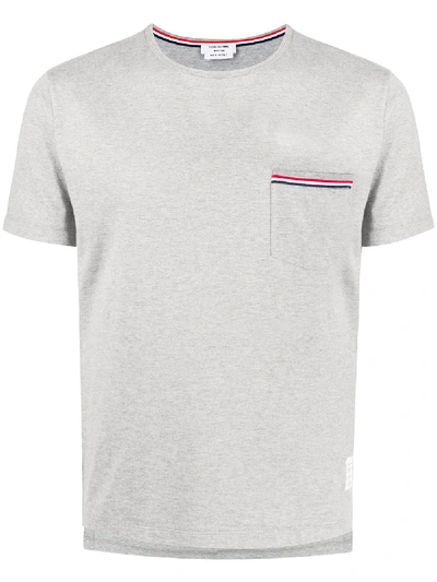 Thom Browne Tricolour-stripe Patch-pocket Cotton T-shirt In Grey
