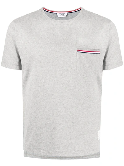 Thom Browne Short-sleeve Crew Neck T-shirt With Chest Pocket And Striped Trim Detail In Gray