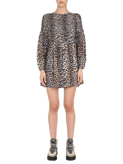 Ganni Leopard Print Long Sleeve Smocked Minidress In Brown