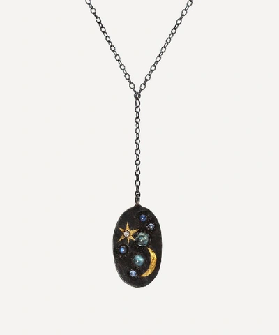 Acanthus Oxidised Silver Oval Multi-stone Space Scape Lariat Necklace