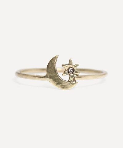 Acanthus Gold Diamond Star And Crescent Moon Ring