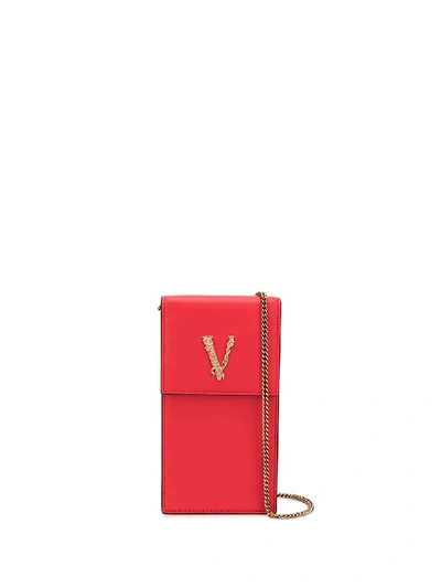 Versace Virtus Leather Phone Holder W/ Chain In Red