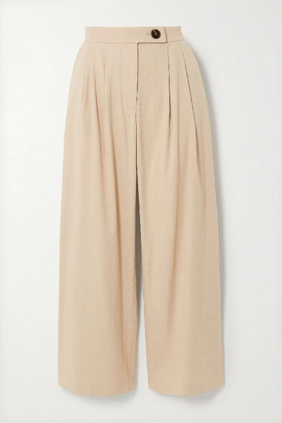 Anna Quan Gigi Pleated Linen-blend Straight-leg Trousers In Sand