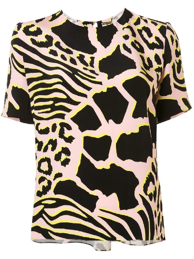 Adam Lippes Short Sleeve Pleated Back Print Top In Pink