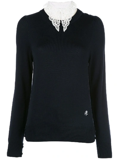 Adam Lippes Puff Sleeve Wool Sweater With Removable Lace Collar In Black