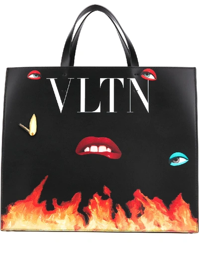 Valentino Garavani Vltn Flame Print Leather Tote Bag In Black