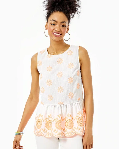 Lilly Pulitzer Lilliana Top In Cantaloupe Embroidered Seersucker