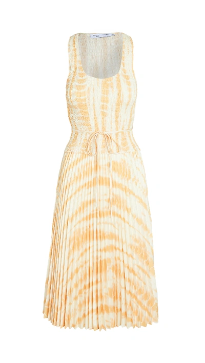 Proenza Schouler White Label Printed Smocked Top Dress With Pleated Skirt In Lt Yellow/tangerine Alligator