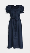 Sleeper Brigitte Belted Linen Midi Dress In Navy