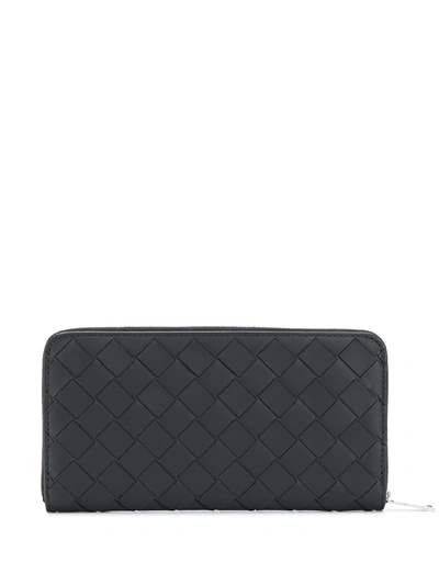 Bottega Veneta Black Zip Around Intrecciato Leather Wallet