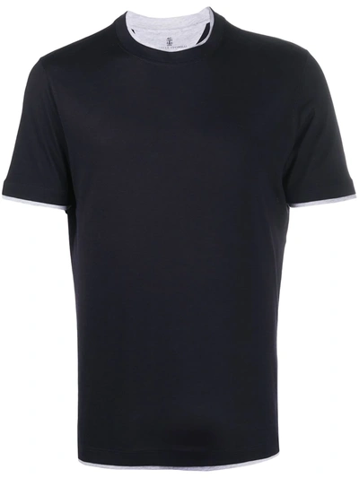 Brunello Cucinelli Slim Fit Crewneck Contrasting Trim Cotton T-shirt In Blue