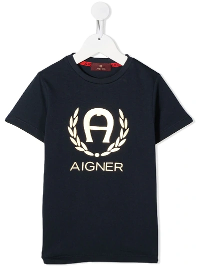 Aigner Kids' Logo-print Cotton T-shirt In Blue