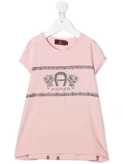 Aigner Kids' Glittery Logo-print T-shirt In Pink