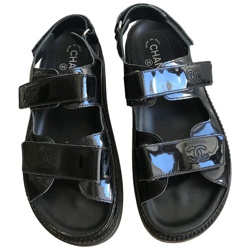Pre-Owned Chanel Dad Sandals Black Patent Leather Sandals | ModeSens