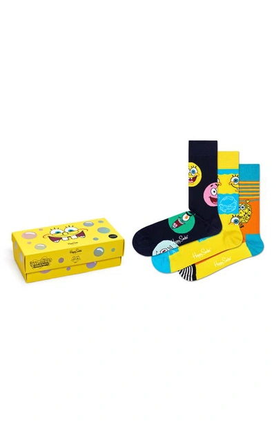 Happy Socks Spongebob Squarepants Cotton-blend Crew Socks Gift Box, Pack Of 3 In Brt Cmb