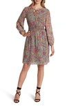 TAHARI DOT PRINT LONG SLEEVE SMOCKED CHIFFON DRESS,TLMS0WM093