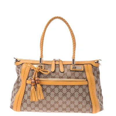 Pre-owned Gucci Beige/yellow Gg Canvas Bella Bamboo Tote Bag
