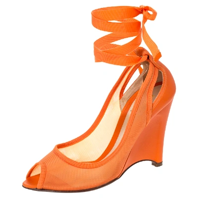 Pre-owned Fendi Orange Mesh And Leather Peep Toe Cut Out Wedge Ankle Warp Pumps Size 39