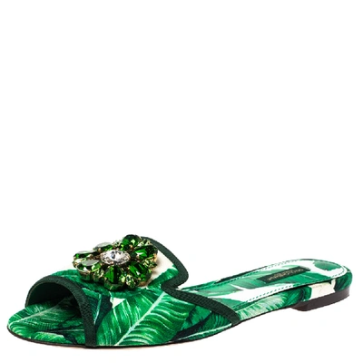 Pre-owned Dolce & Gabbana Green/white Banana Leaf-print Fabric Crystal Embellished Flat Sandals Size 38