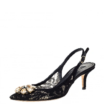 Pre-owned Dolce & Gabbana Black Lace Crystal Embellished Slingback Pointed Toe Sandals Size 39.5
