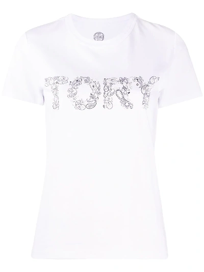 Tory Burch Tory Paisley Embellished T-shirt In White,black