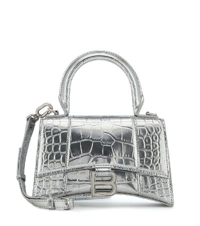 Balenciaga Extra-small Hourglass Croc-embossed Leather Top Handle Bag In Grey
