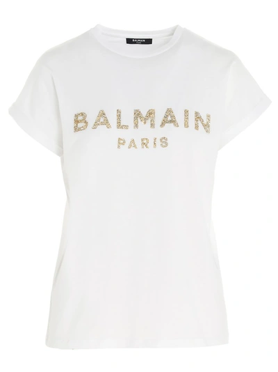 Balmain Crystal Embellished Logo T-shirt In White