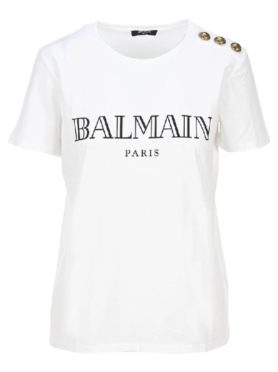 Balmain Logo Print Embellished Shoulder T-shirt In White/black