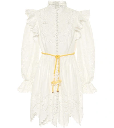 Zimmermann Carnaby Belted Ruffled Broderie Anglaise-trimmed Linen Mini Dress In White